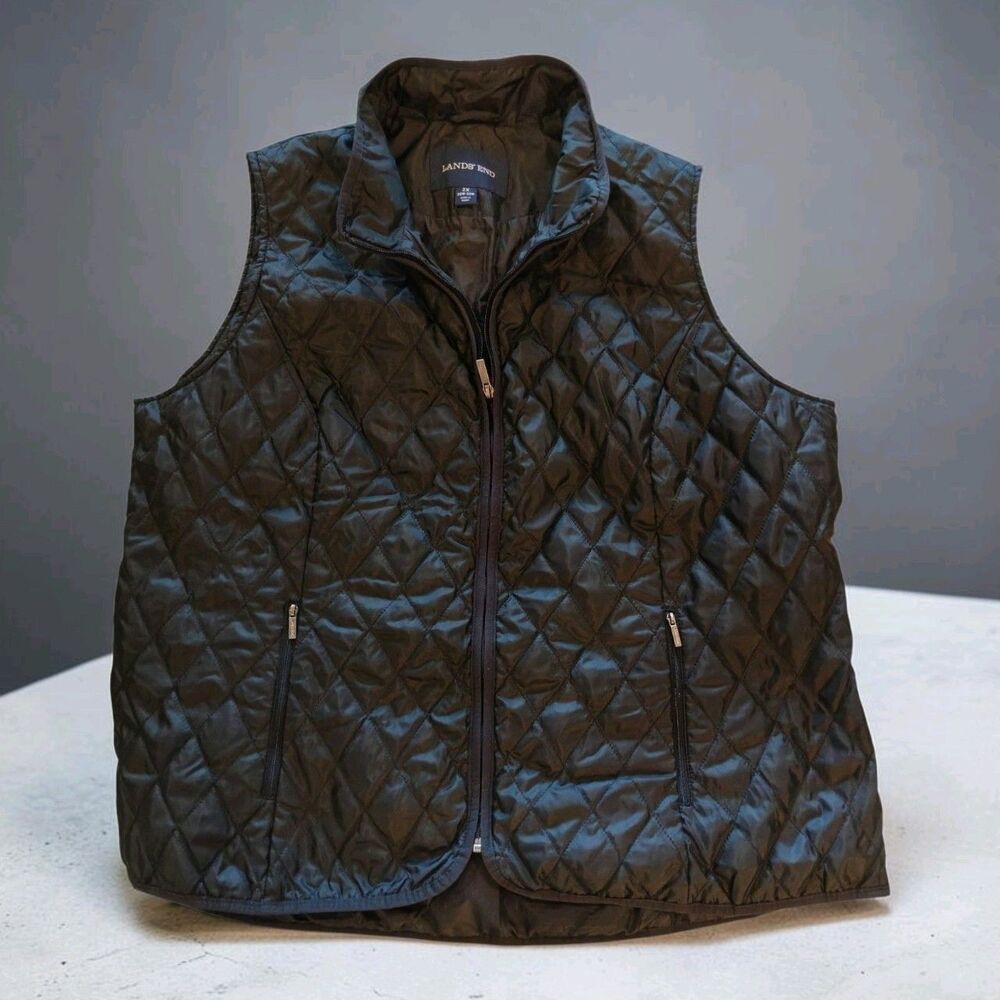 LANDS END Women's 2X Quilted Vest Black PRIMALOFT Pockets Full Zip Puffer